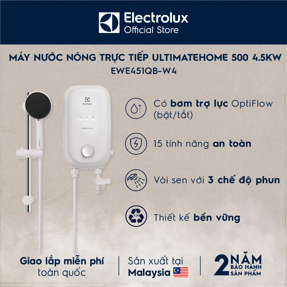 [MỚI] Máy nước nóng trực tiếp Electrolux có bơm trợ lực EWE451QB-W4 - Giao lắp 0Đ