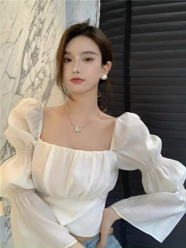 Áo croptop cột eo tay phồng chất voan mịn tiểu thư siêu hot