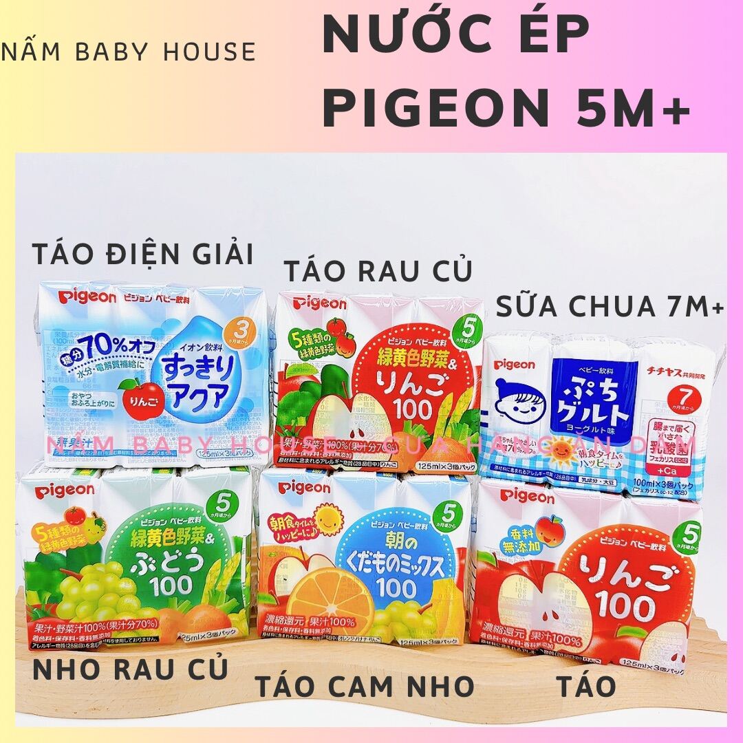 Nước ép rau củ, điện giải, sữa chua Pigeon cho bé ăn dặm từ 5 tháng