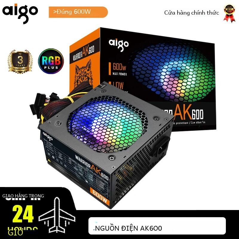 Aigo ak 600w bộ nguồn máy tính đen chơi game êm 120mm rgb quạt 24pin 12v atx máy tính để bàn nguồn điện cho btc