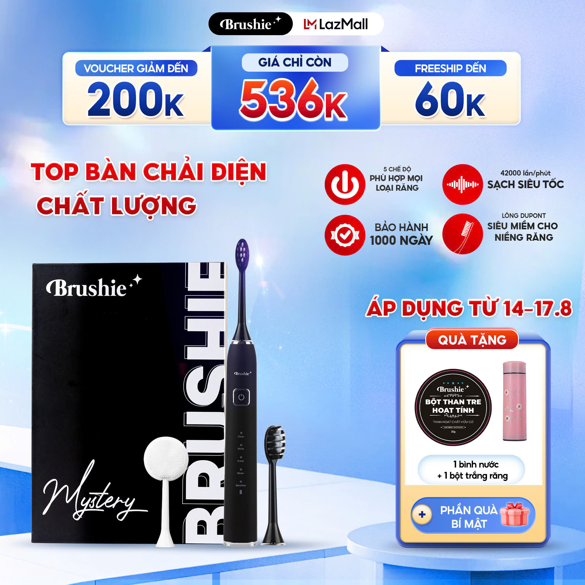 Bàn chải điện Brushie 5 chế độ, bàn chải phù hợp cho cả người niềng răng, Bàn chải điện phù hợp cho mọi lứa tuổi