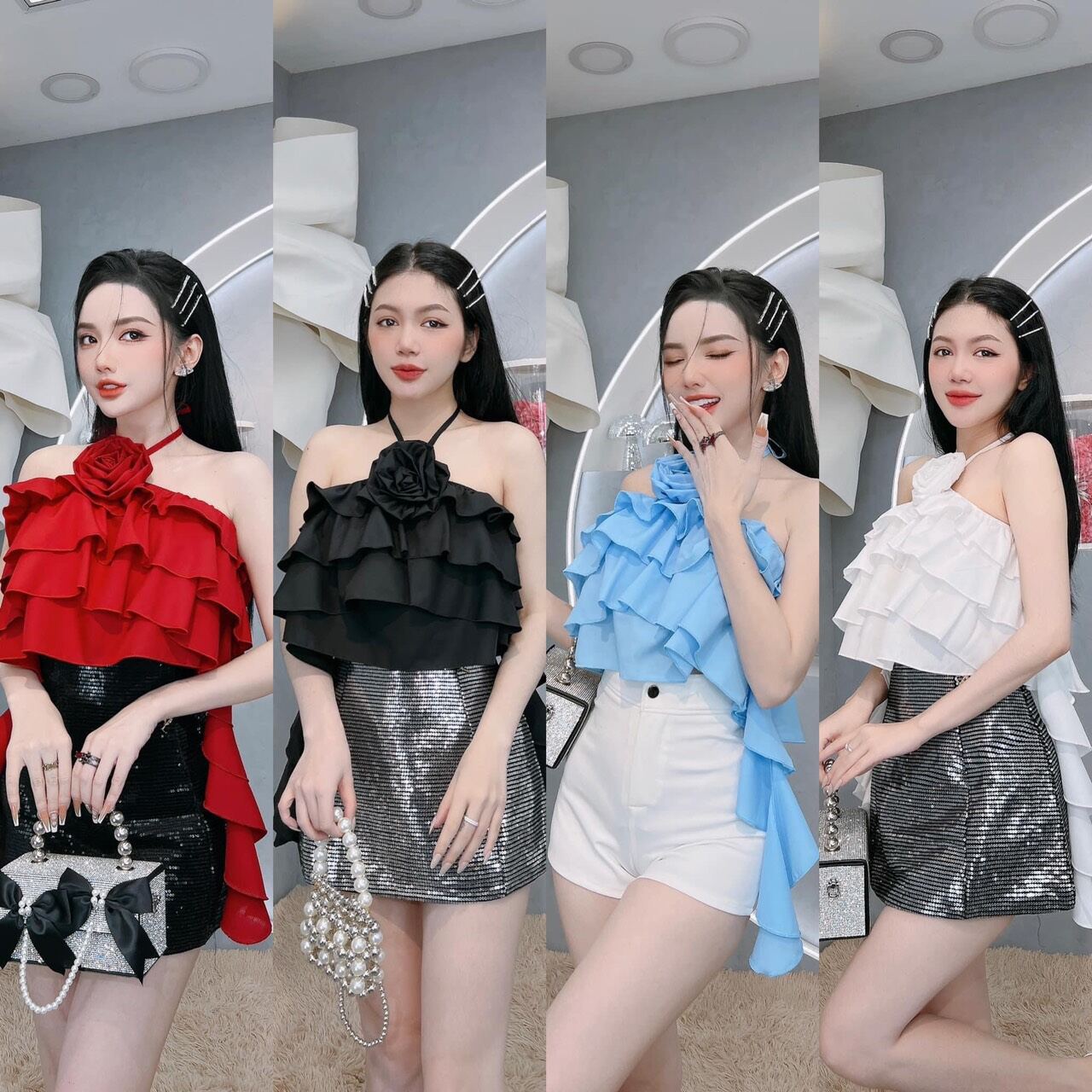 Áo croptop nữ dây yếm đính hoa phối kiểu tầng chất vải Kate lụa FreeSize , from 38-55 ký vừa