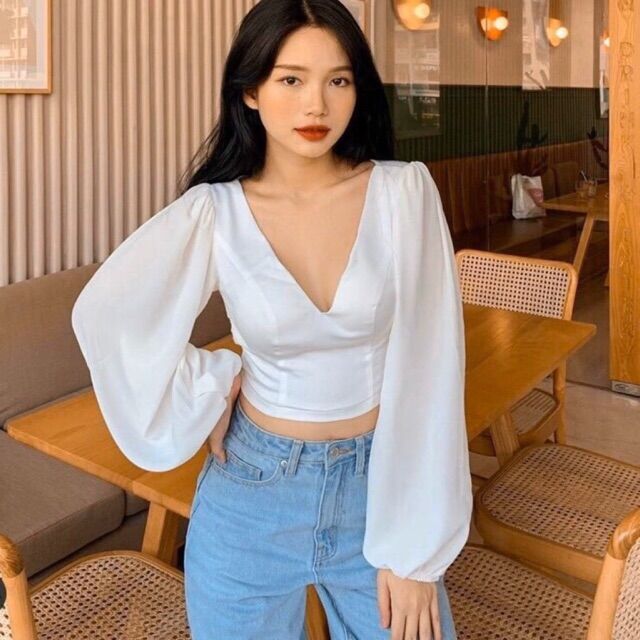 ÁO CROPTOP HỞ LƯNG TAY BỒNG CỘT NƠ