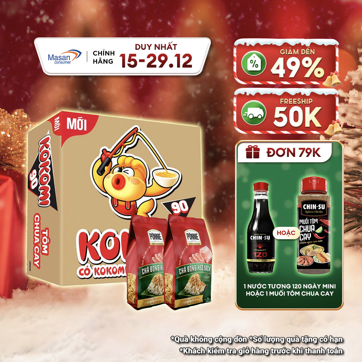   15.12-29.12 Voucher 18% CHO ĐƠN TỪ 199K Combo 1 thùng Mì KOKOMI Đại 90 Tôm Chua Cay Gói 90g - Thùng 30 Gói x 90g và 2 Hộp Chà Bông Ponnie Heo Sạch Gói 100g 