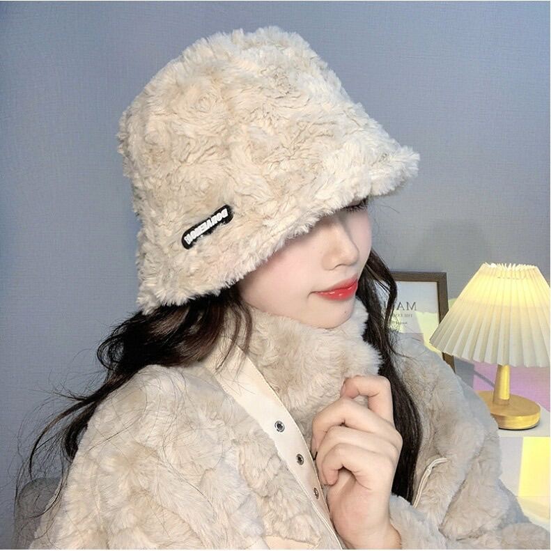 Mũ nón bucket lông gắn chữ Doraemon phong cách Ulzzang