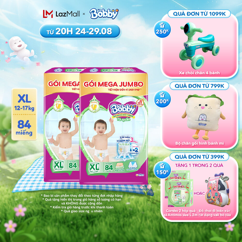 Combo 2 tã/bỉm quần bobby 3mm gạo non xl84