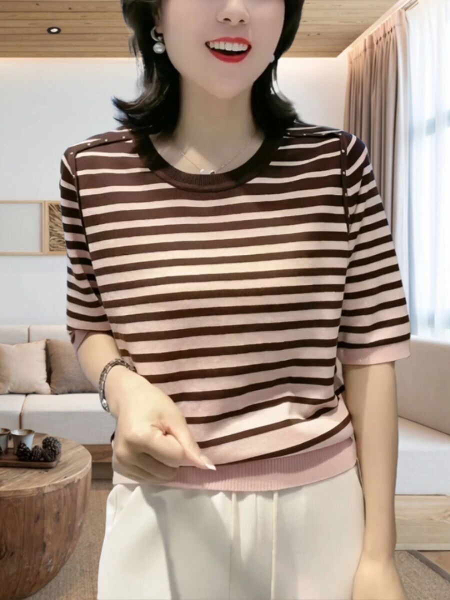 Áo Len Dệt Kim Cao Cấp Cho Phụ Nữ Trung Niên Mùa Thu Năm 2023 Áo Chui Đầu Cổ Tròn Tay Lửng Thường Ngày Màu Sắc Chuyển Tiếp