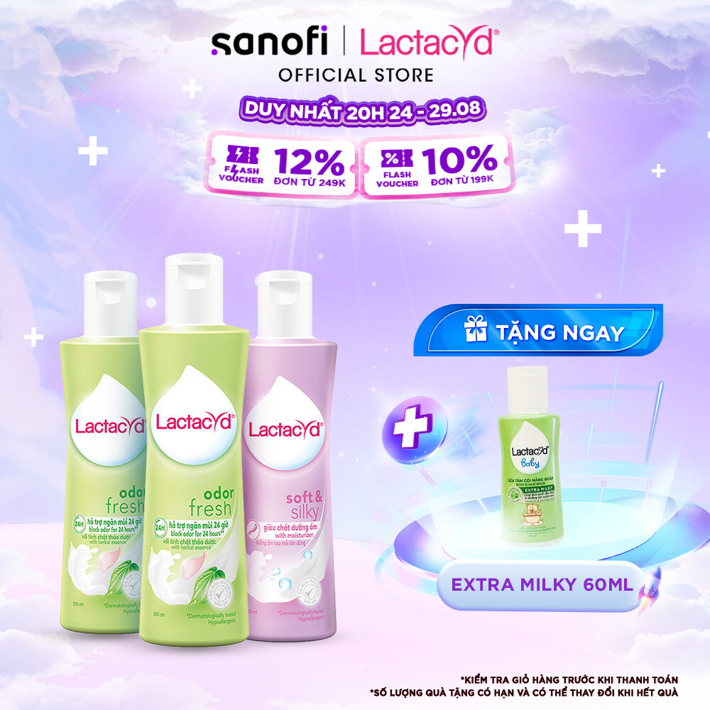 Bộ 2 chai ddvs phụ nữ lactacyd odor fresh 250ml/chai + 1 chai ddvs phụ nữ lactacyd soft & silky dưỡng ẩm 250ml/chai