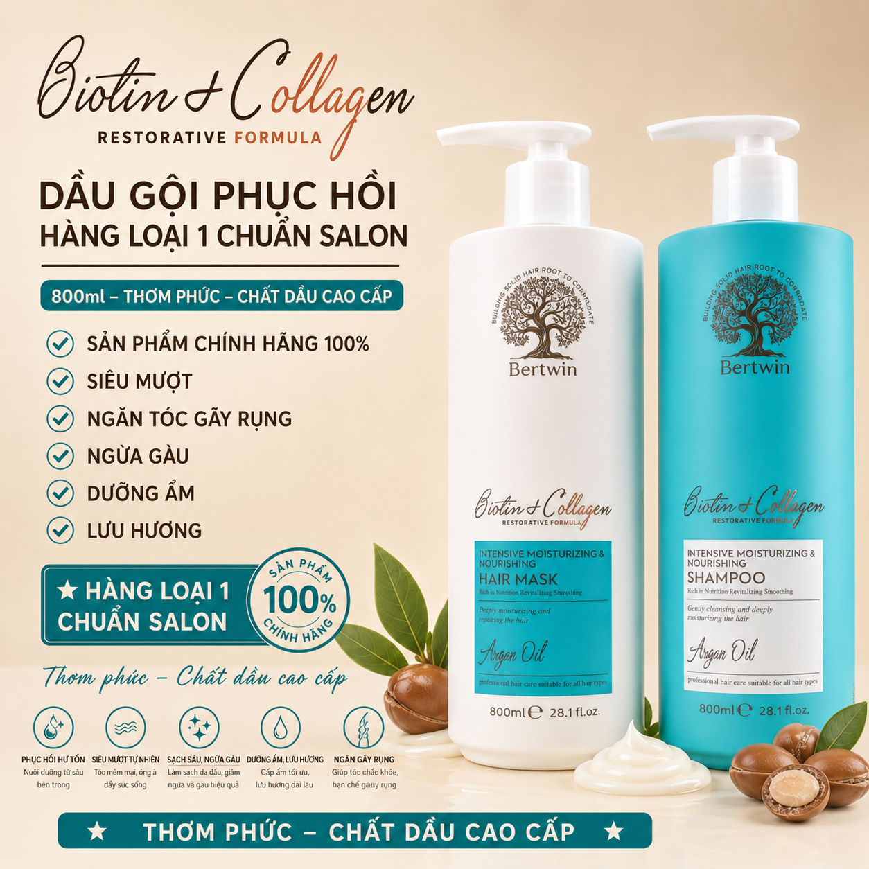 Bertwin Dầu Gội Phục Hồi Hàng Đầu 1 Chuyên Salon 800ml - Siêu Mượt Ngăn Tóc Gãy Rụng Dưỡng Ẩm Lợi Huống