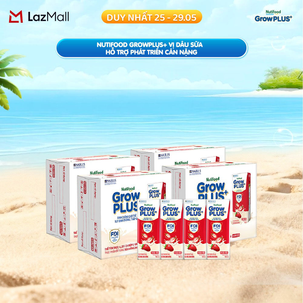 Combo 4 Thùng 24 hộp Sữa bột pha sẵn Nutifood GrowPLUS+ Vị Dâu Sữa hộp 180ml - Hỗ trợ phát triển cân nặng