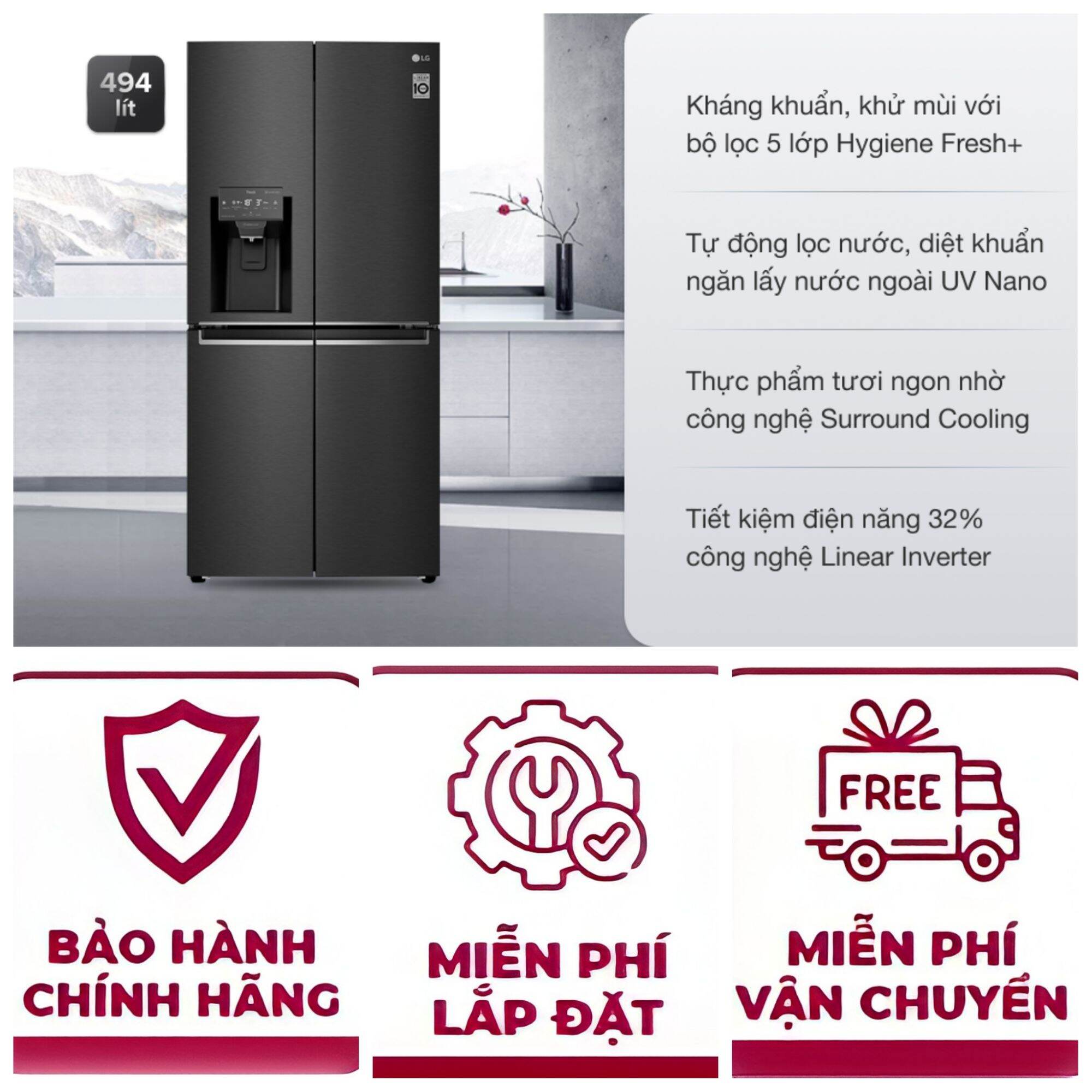 Tủ lạnh LG giá rẻ GR-D22MB Chính hãng Tủ lạnh LG Tủ lạnh LG French Door 570 Lit GR-D22MB Bảo Hành 24 tháng từ LG