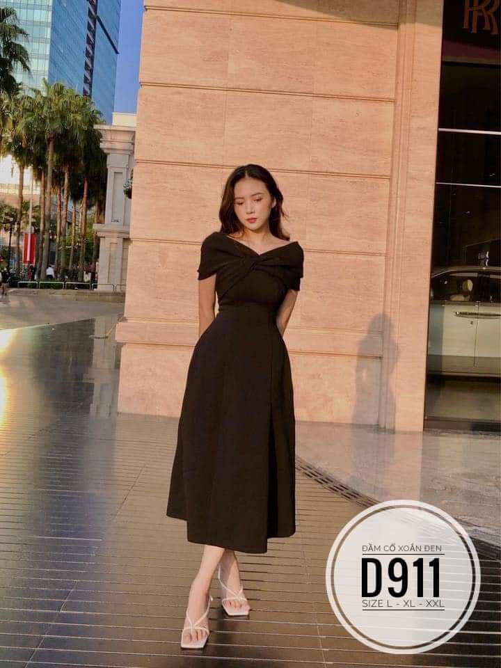 (Bigsize 60-90kg) Đầm Cổ Xoắn Đen