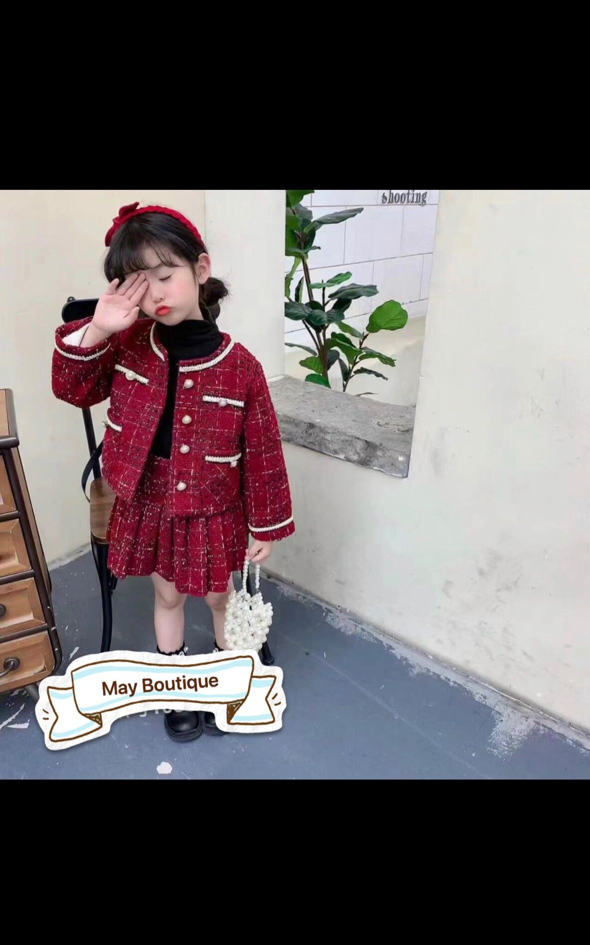 Set dạ sweed sang chảnh cho bé gái- váy dạ đỏ tết cho bé