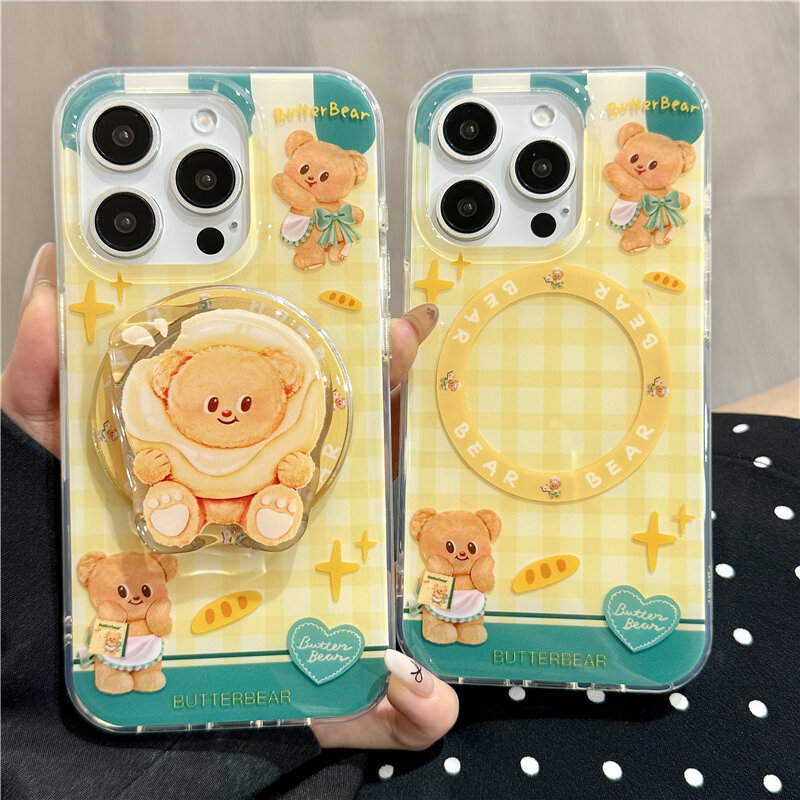 Play Win Kẻ Caro Bánh Mì Gấu Giá Đỡ Từ Tính Ốp Điện Thoại Silicon Cho Iphone 16 Pro Max Apple 14 Mẫu Mới Nữ Dễ Thương Vỏ Bảo Vệ Chống Rơi Sáng Tạo Hai Lớp