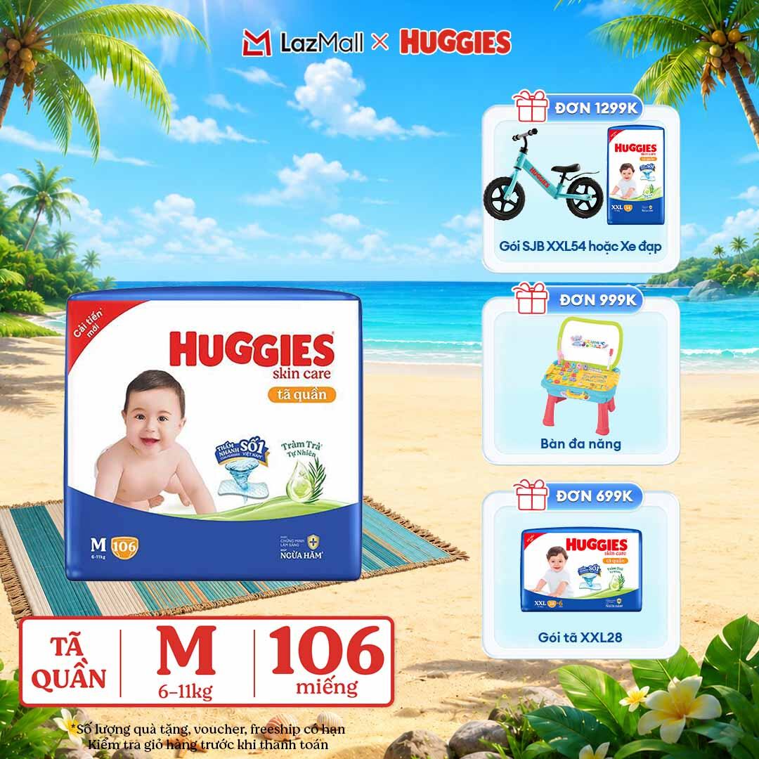 [CHỈ 9-10.6 GIẢM THÊM 90K]  Gói Tã/bỉm quần HUGGIES SKINCARE MEGA JUMBO size M 102+4 miếng