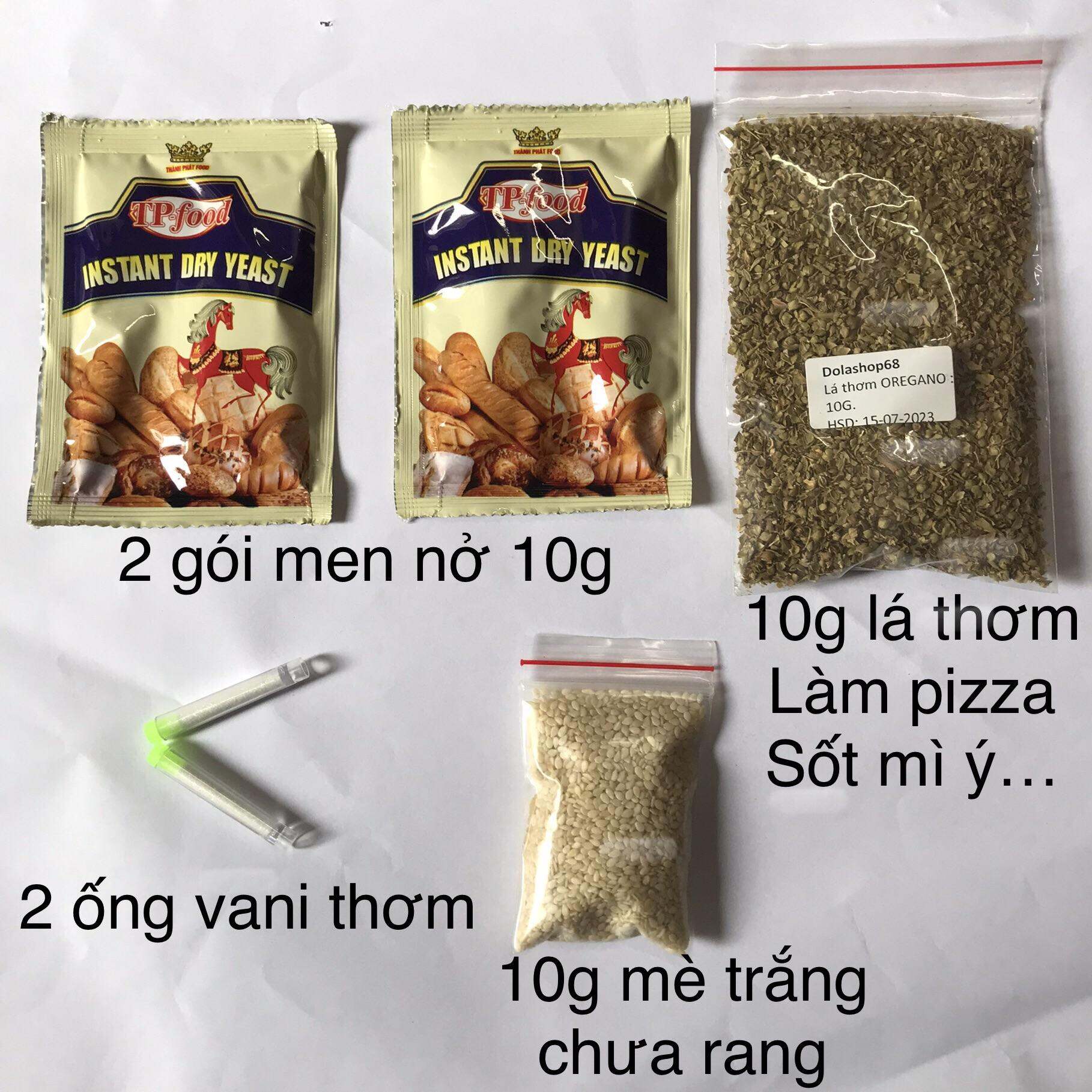 Sét phụ liệu làm bánh gồm có 2 gói men nở, 2 ống vani, 10g mè trắng, 10g lá thơm làm pizza [dùng làm các loại bánh]