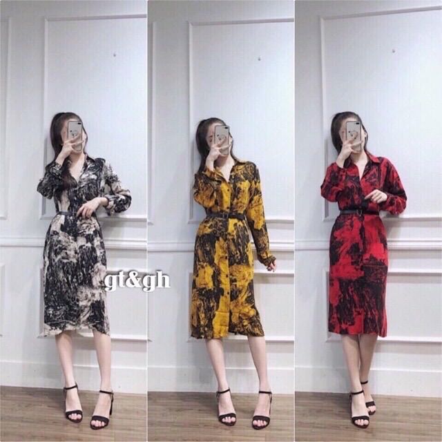 Set Áo Đâm Sơ Mi Lụa Hoạ Tiết Hàng Quảng Châu
