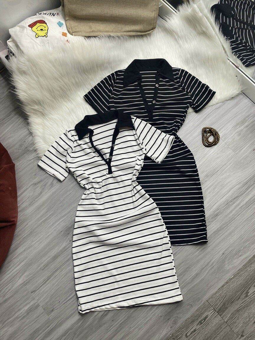 Đầm body kẻ ôm có cổ ảnh thật