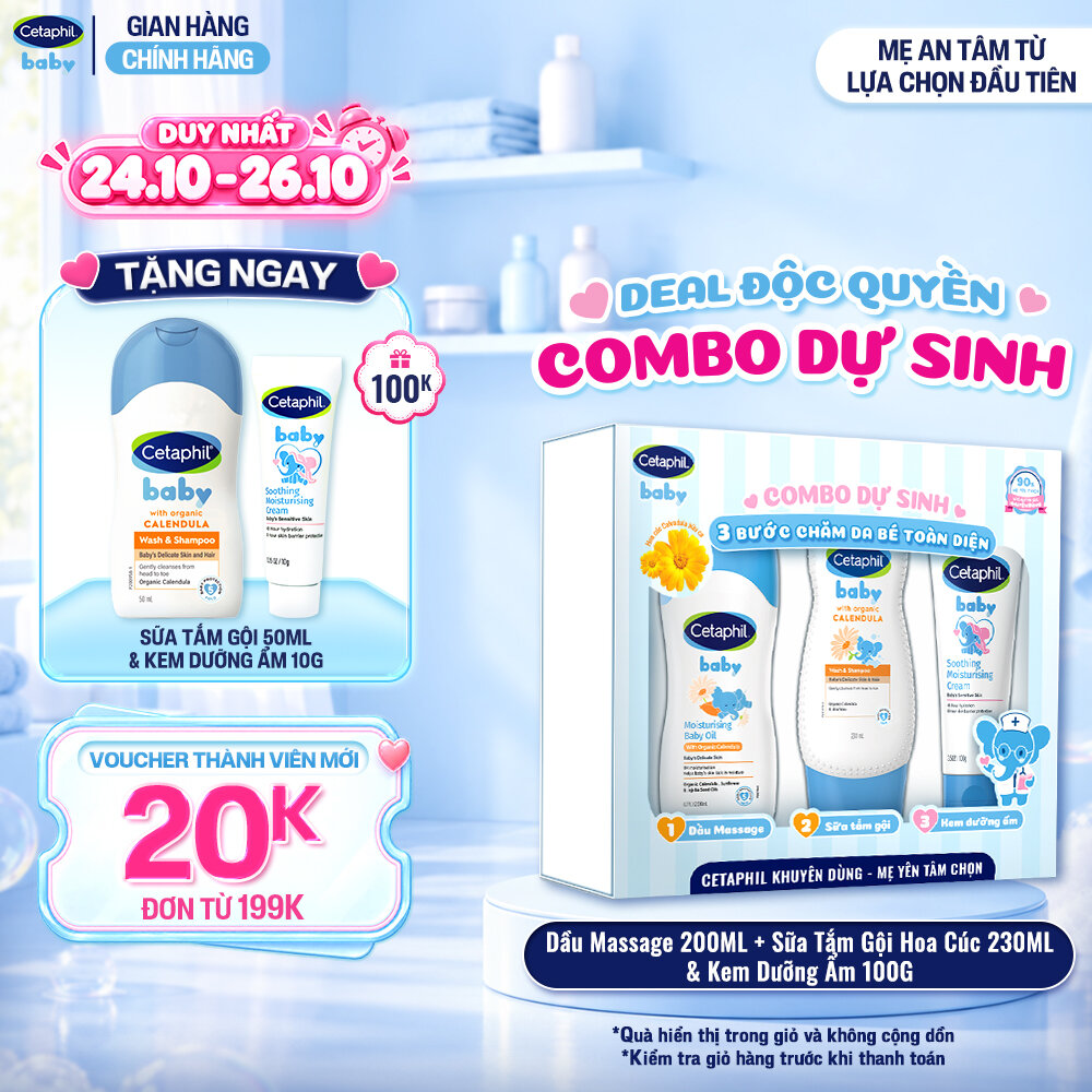 Combo dự sinh 3 bước chăm sóc da bé toàn diện Dầu Massage 200ML + Sữa tắm gội 230ML + Kem dưỡng ẩm 100G Cetaphil Baby