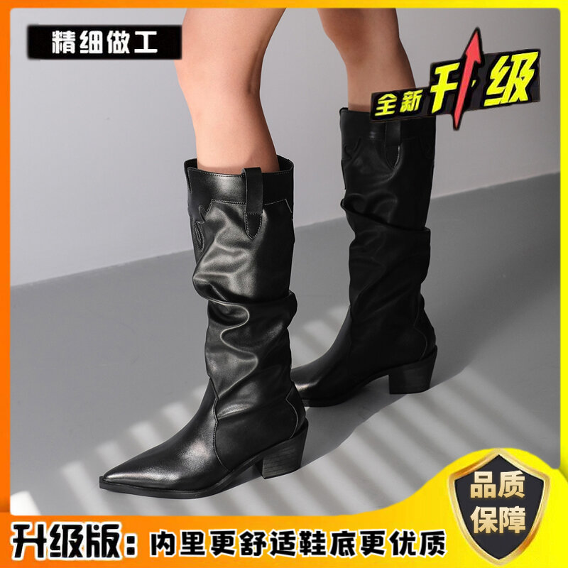 Bốt bò tây mũi nhọn bốt xếp nếp bốt nữ bốt dài gót vuông thiểu số phong cách anh mẫu mới hè thu ống cao