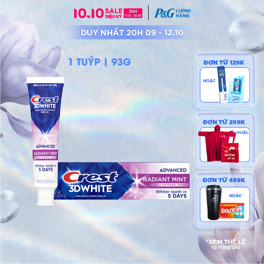 [Voucher 12%] Kem Đánh Răng CREST Nhập Khẩu Mỹ 3D White Radiant Mint Tuýp 93G