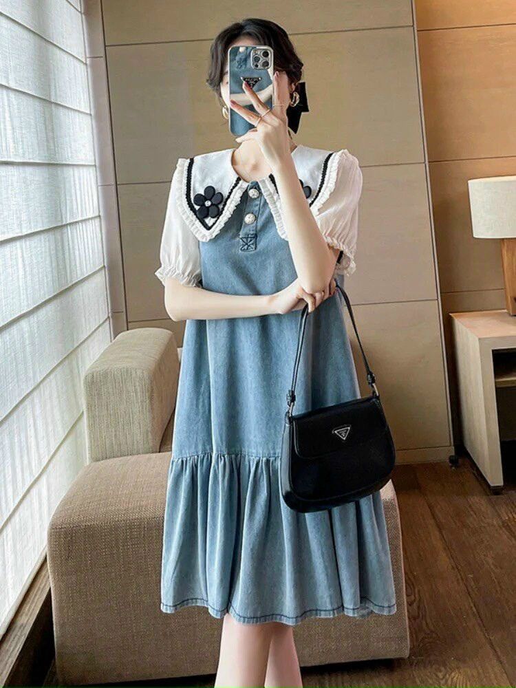 Đầm bầu xanh cổ sơ mi giả jean siêu mát