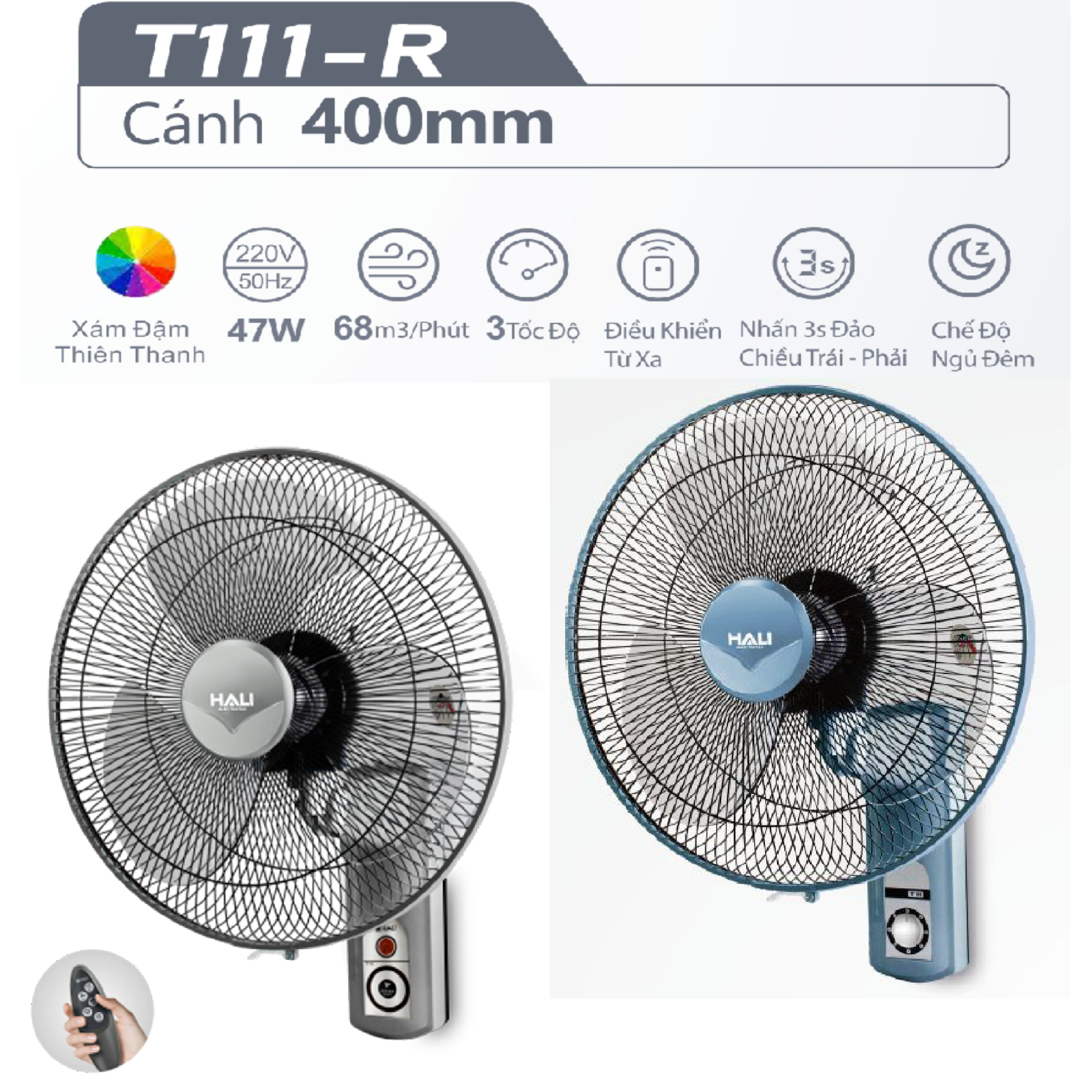 Quạt treo tường remote Hali T111-R