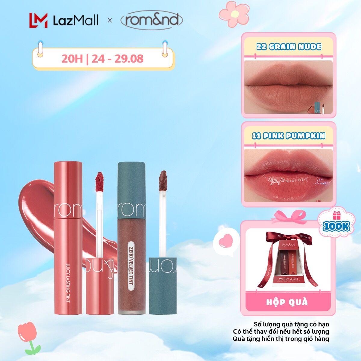 Combo son kem romand zero velvet tint 5.5g + son tint lì romand juicy lasting tint 5.5g