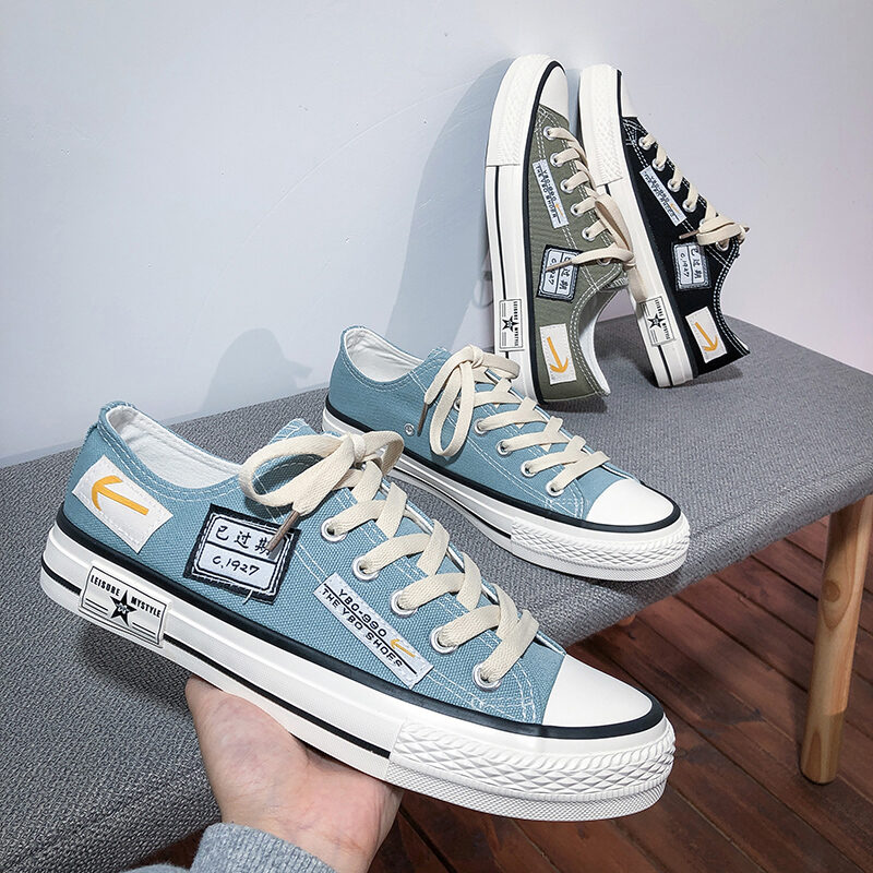 Giày Vải Nam Mùa Xuân Thoáng Khí Đế Cao Su Phong Cách Hàn Quốc Thường Ngày Giày Đế Bằng Đế Bằng Mũi Tròn Dây Giày