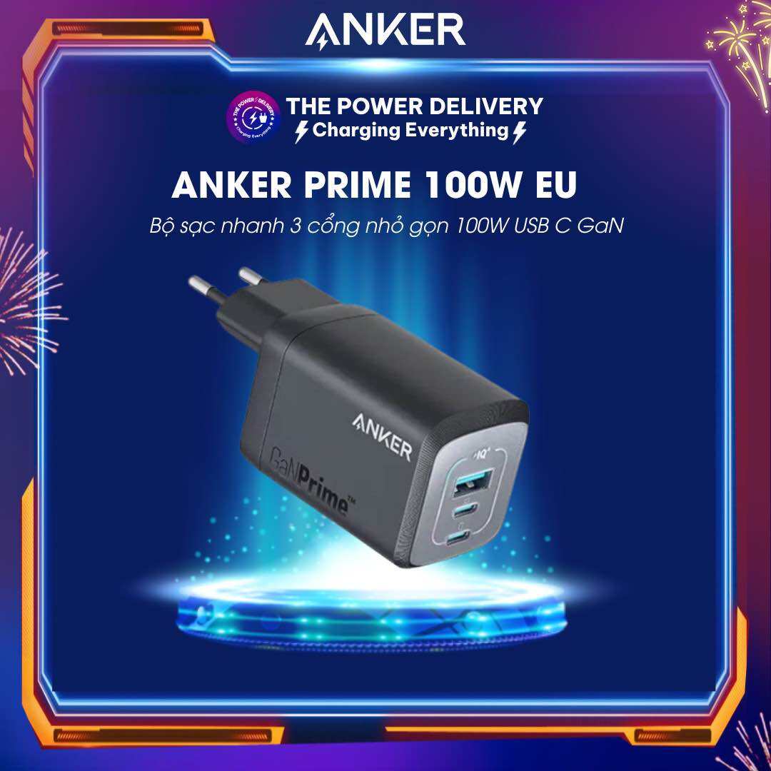 Bộ sạc nhanh Anker Prime A2343 100W USB C GaN hỗ trợ PPS 2.0 PD 100W sạc 3 cổng nhỏ gọn chia điện th