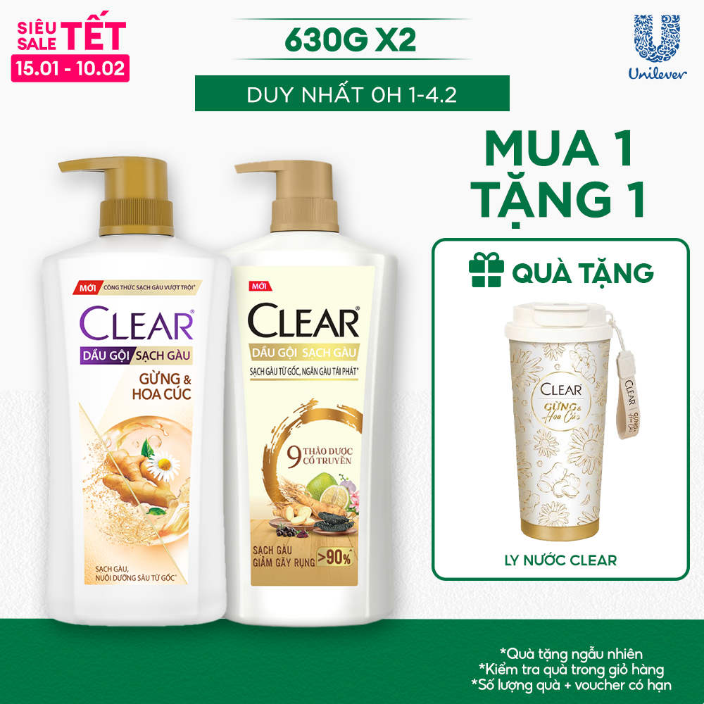 COMBO 2 DẦU GỘI CLEAR GỪNG & HOA CÚC VÀ 9 THẢO DƯỢC CỔ TRUYỀN 630G x2