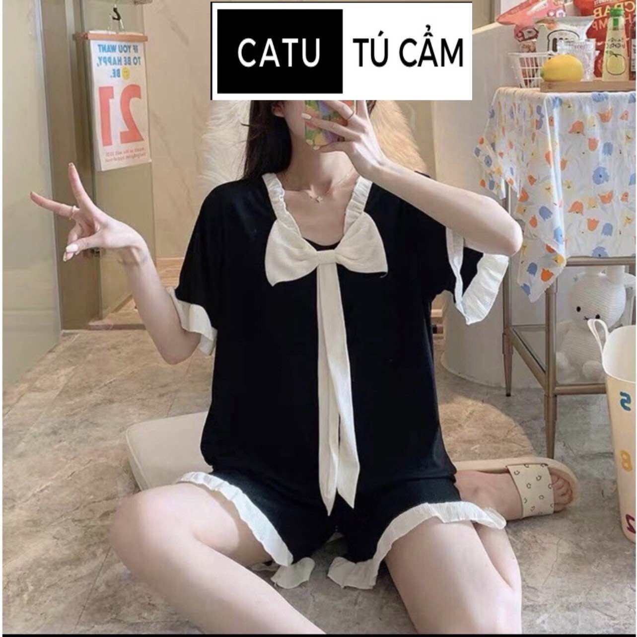 Pijama nữ yukata hàn quốc nơ đen trắng dễ thương CATU Tú Cẩm