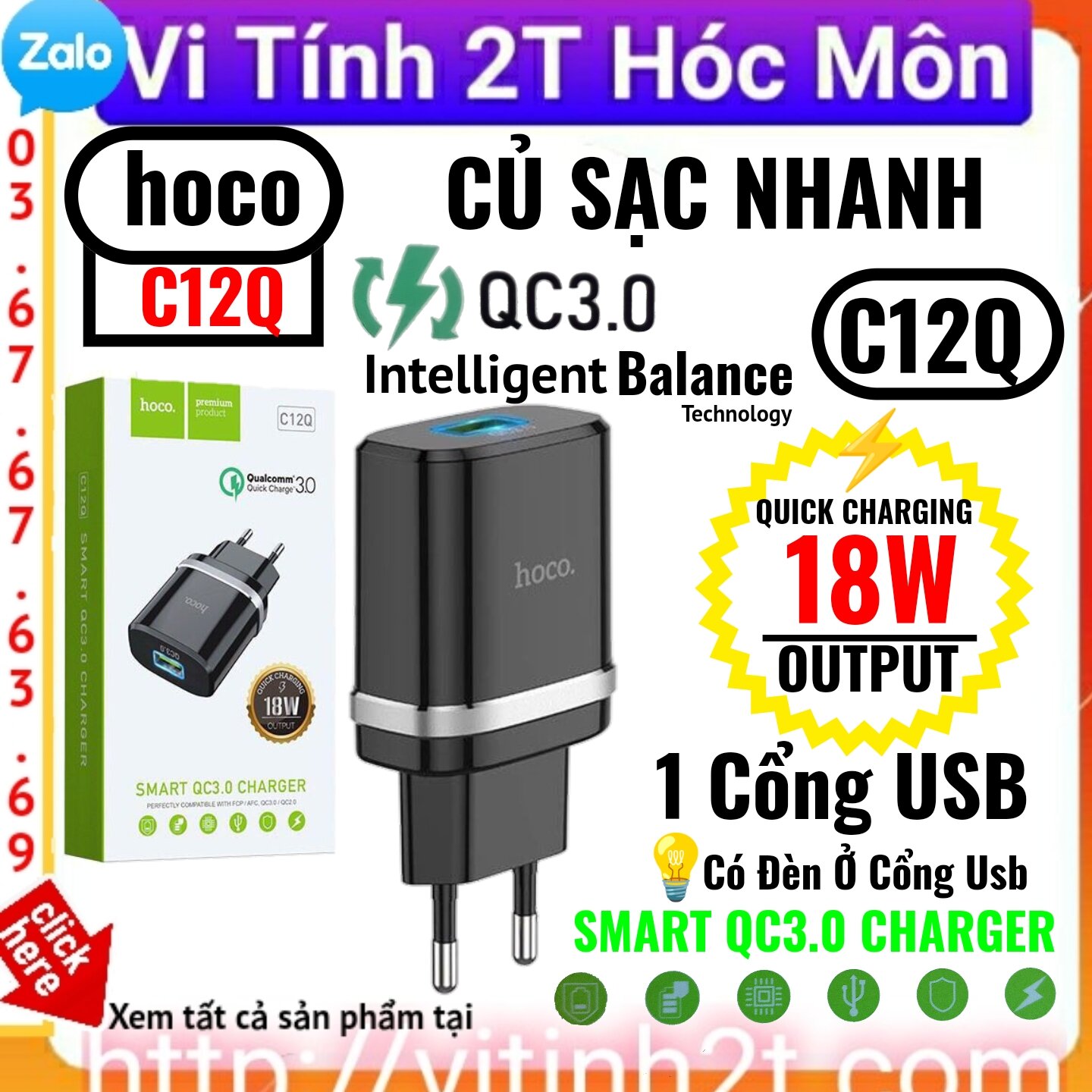Cốc sạc nhanh Hoco c12Q hỗ trợ Quick charge 3.0 18W củ sạc nhanh