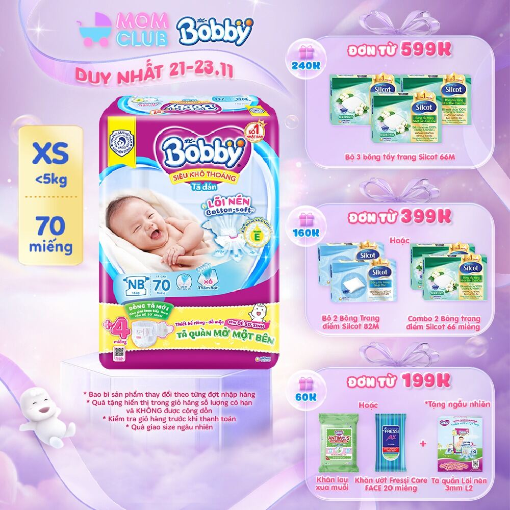 Tã dán sơ sinh Bobby Lõi nén Cotton-Soft 3mm 70 miếng (Tặng thêm 4 miếng Tã Quần Mở Một Bên)