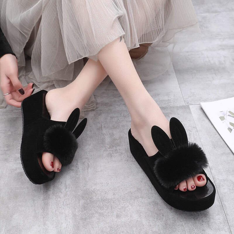 Dép lê dép lê cao gót đế xuồng đế dày xốp tai thỏ đáng yêu lông mẫu mới 2024 thời trang đi bên ngoài mùa hè cho nữ