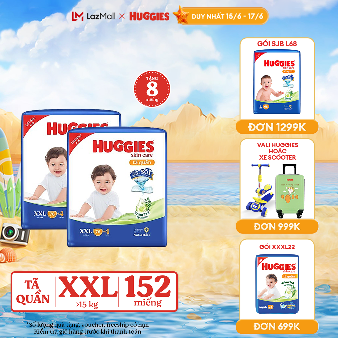 Combo 2 Gói Tã/bỉm quần HUGGIES SKINCARE MEGA JUMBO size XXL76+4 miếng