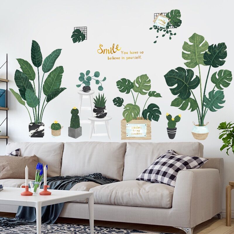 Decal dán tường chậu cây xanh cỡ lớn, sẵn keo dán