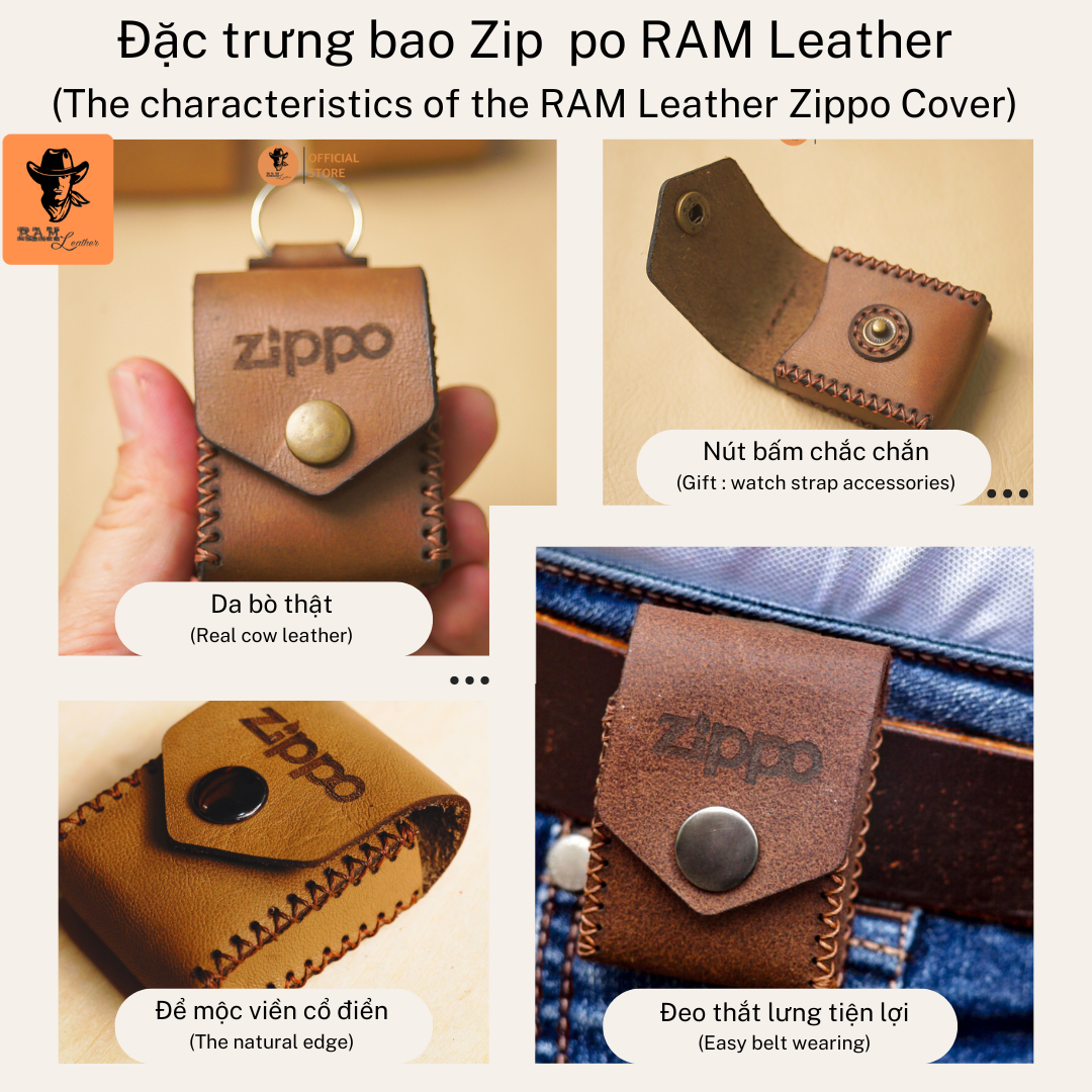 Bao da siêu bền zippo da bò màu đen vân hạt ram leather