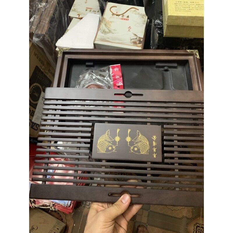 Khay Gỗ Ấm Chén Bọc Viền Đồng 43x28x5.5