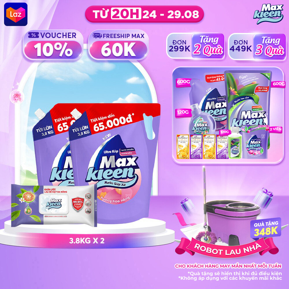 Combo 2 Túi Nước Giặt Xả MaxKleen hương Hoa Nắng (3.8kg/túi) + Lau Bề Mặt Đa Năng