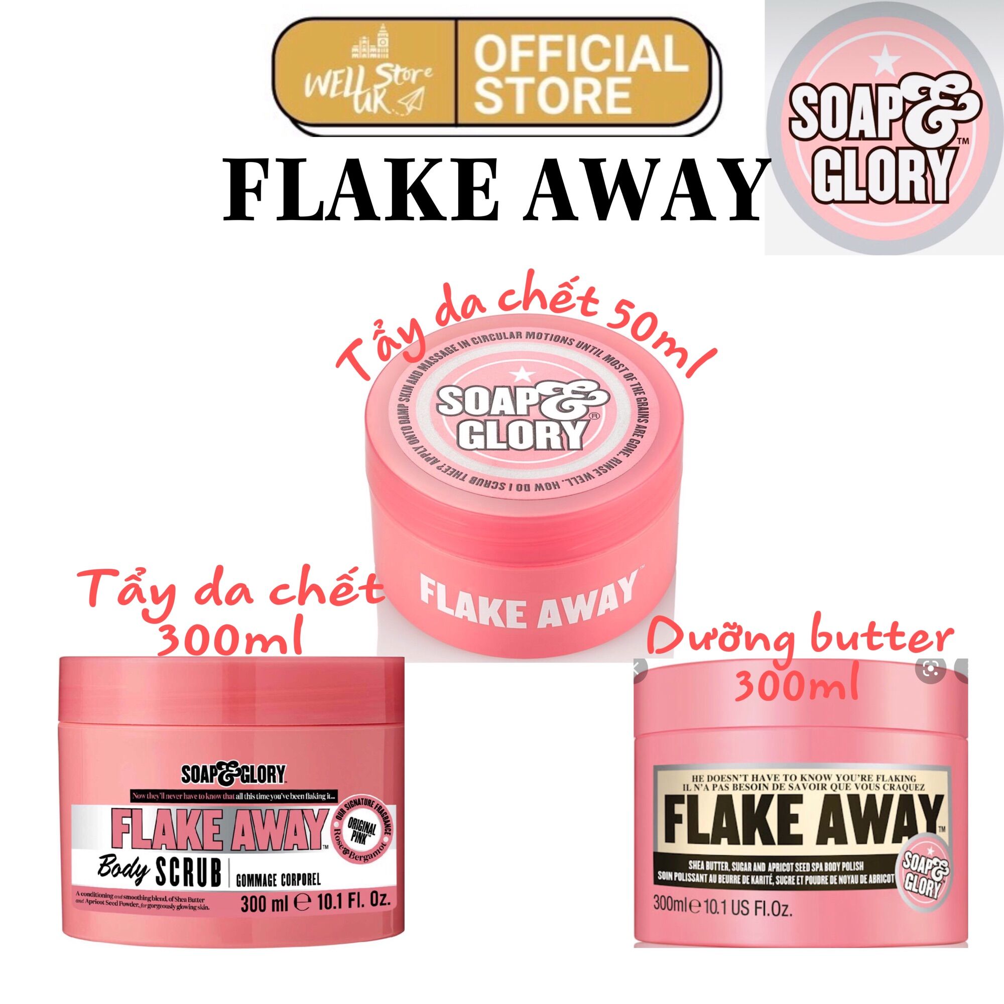 Soap&Glory mùi hương Flake away gồm tẩy da chết, dưỡng thể butter các size