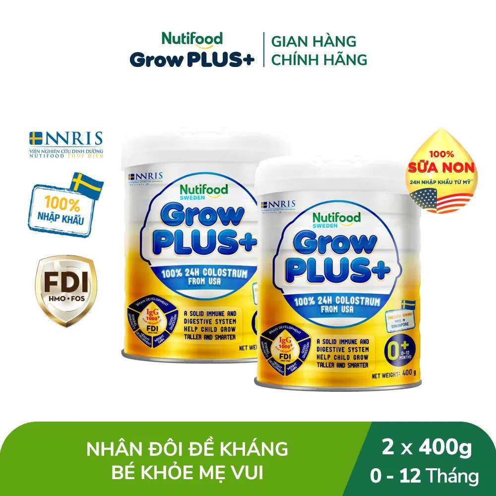 Lon sữa 400g NutiFood Grow Plus+ sữa non 0+ (vàng).Giúp trẻ tăng cường đề kháng