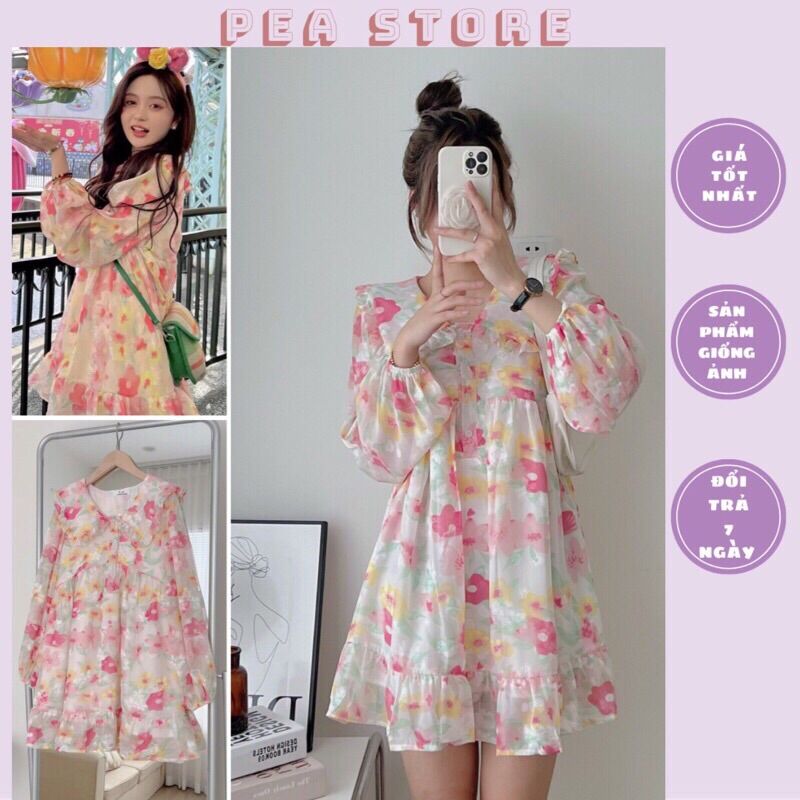 Váy babydoll hoa hồng cổ viền bèo dài tay dáng ngắn - Đầm babydoll hoa hồng baby dễ thương Peastore