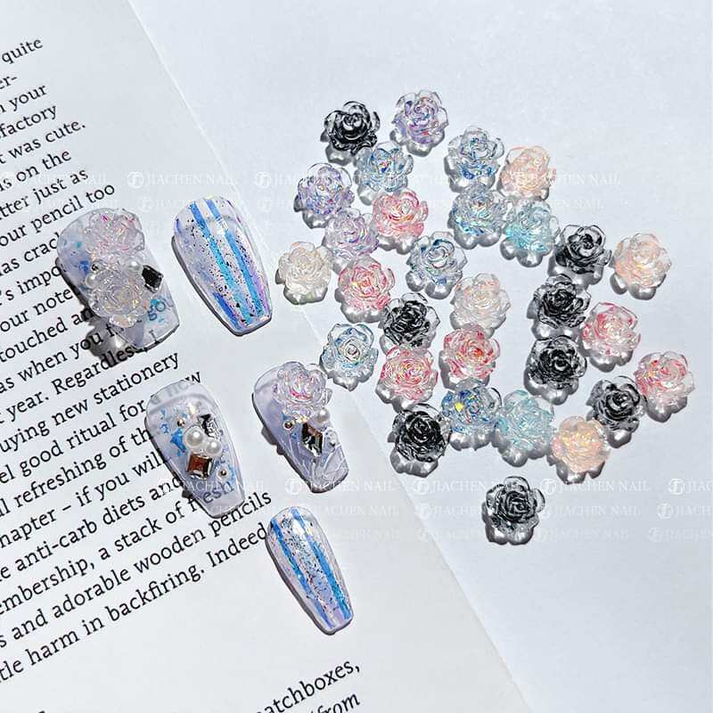 50 cái charm hoa hồng thạch thủy tinh mix màu