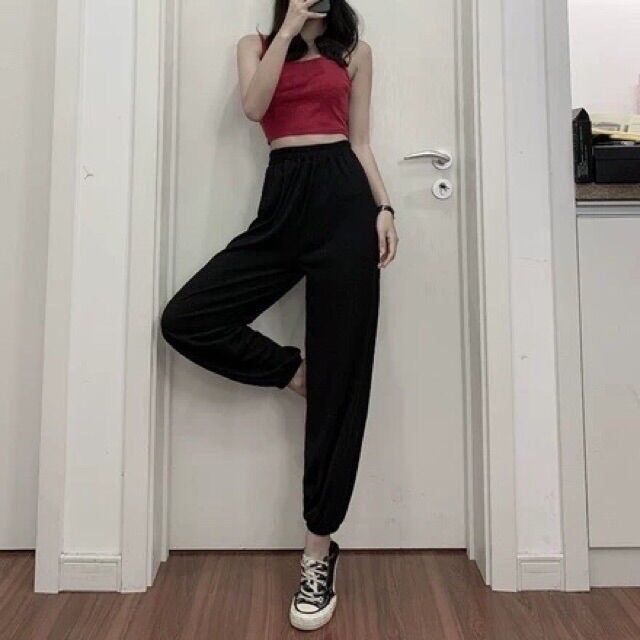 Quần lanh dài bo gấu đen trơn có túi