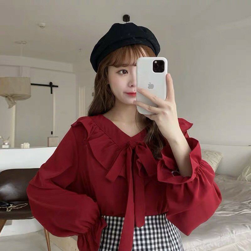 Áo tiểu thư cổ bèo cột nơ HƯ XINH