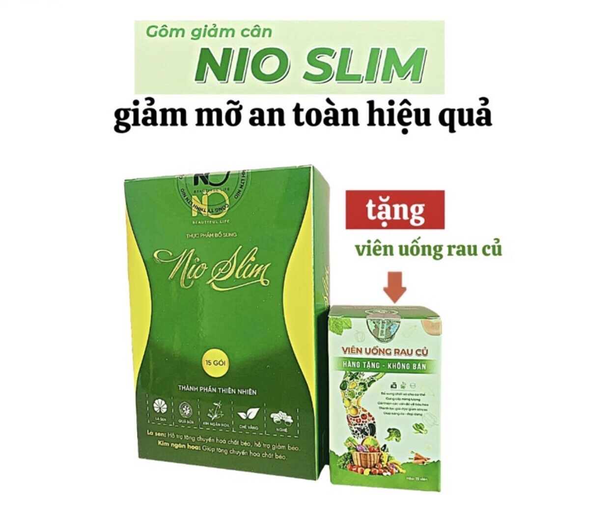 Kẹo Giảm Cân Nio Slim Chính hãng tặng viên rau củ thải mỡ (15 ngày