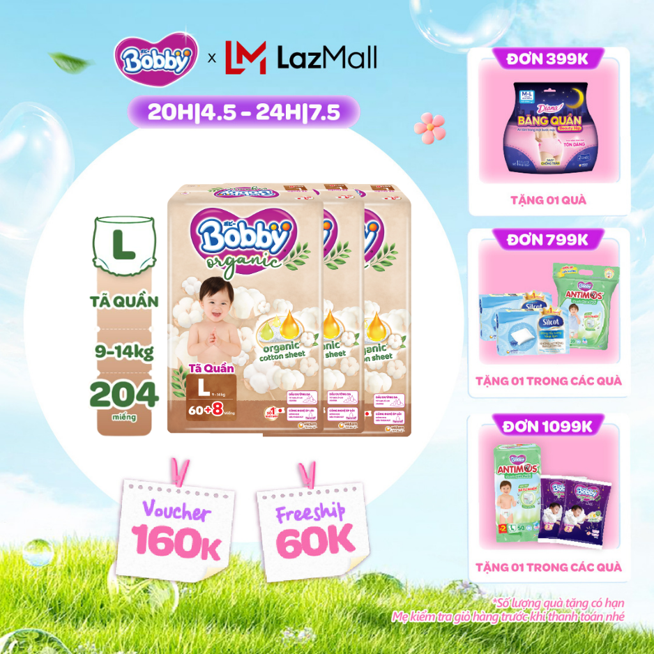 [CHỈ 20h 04-07.05 QT Đơn 899K/1199K][COMBO 3] [TẶNG KÈM 8 MIẾNG] Tã quần cao cấp Bobby Organic chăm sóc dịu nhẹ từ thiên nhiên L60