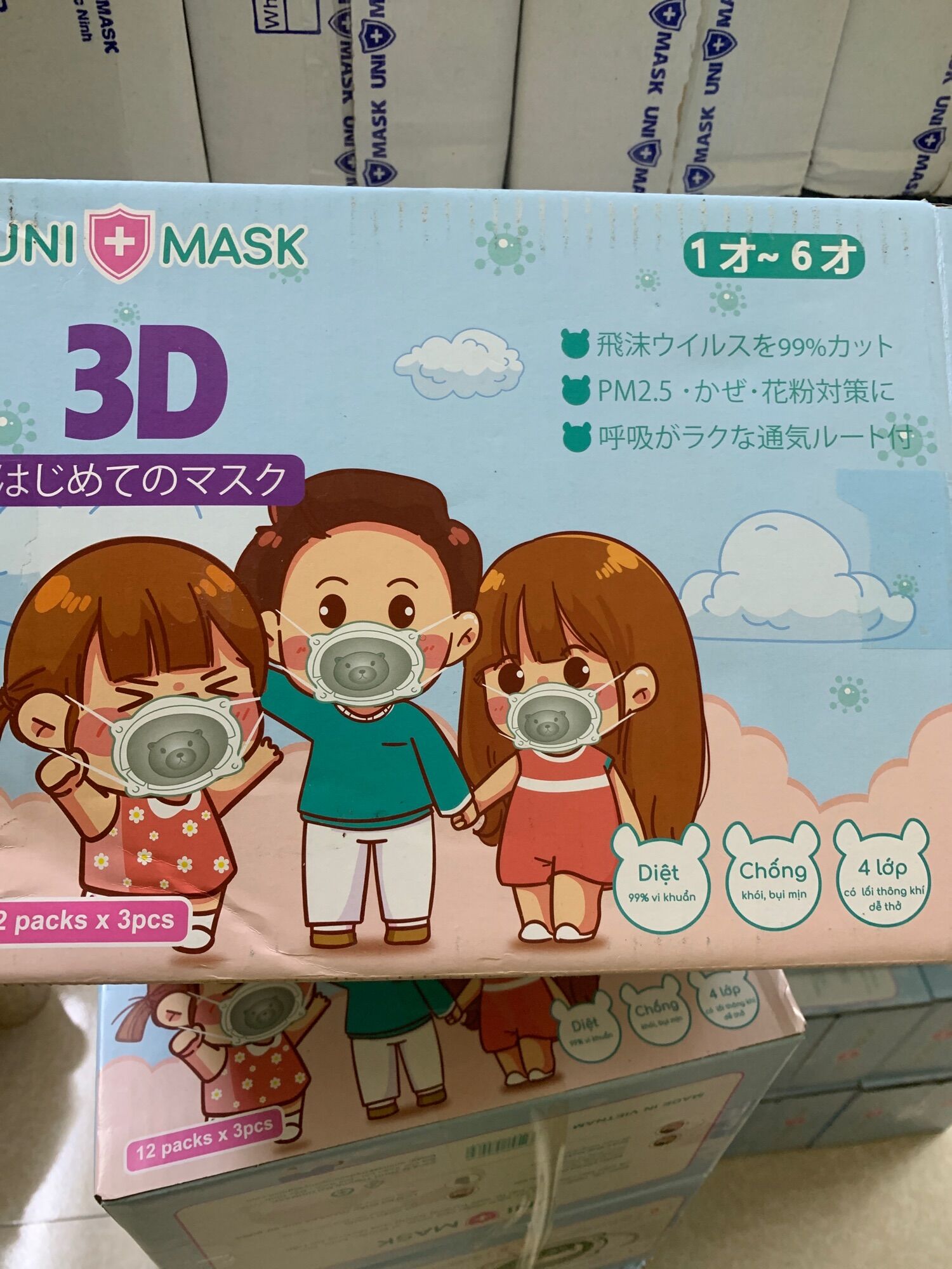 Sỉ thùng 36 chiếc khẩu trang gấu Uni Mask cho bé (mẫu mới túi zip đẹp)