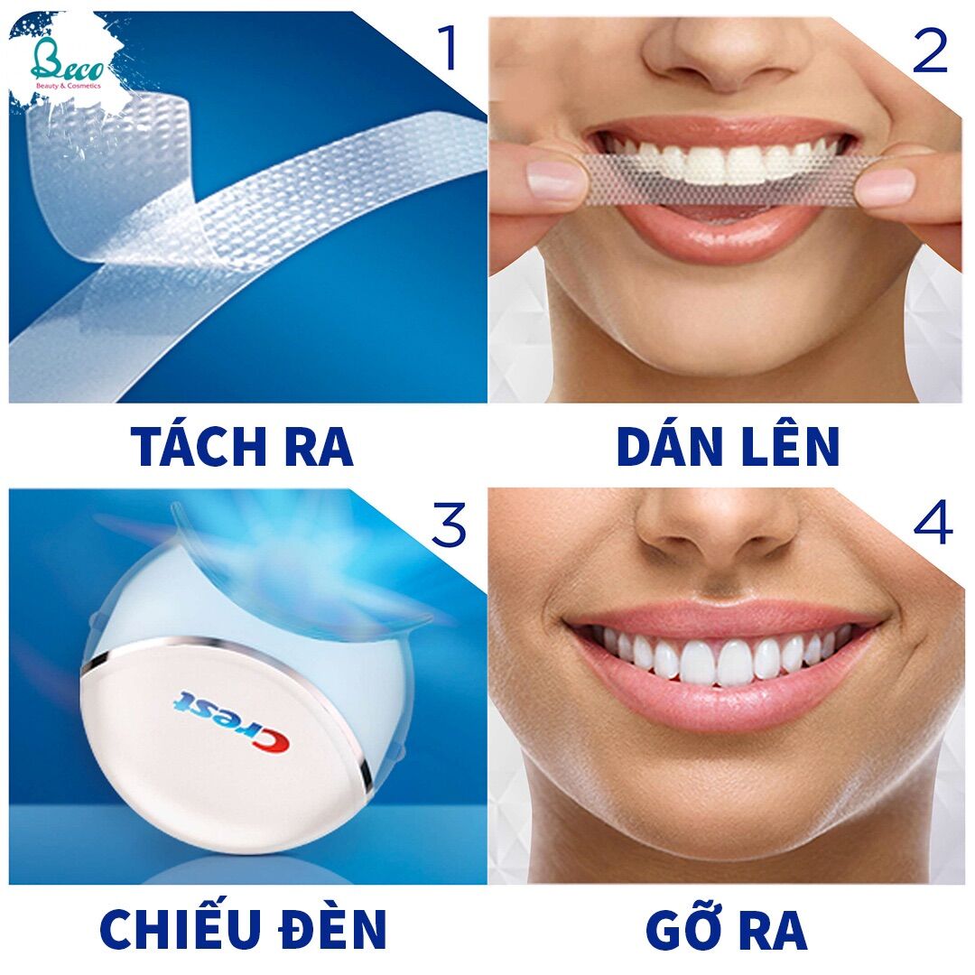 Miếng dán kèm máy chiếu làm trắng răng Crest 3D White 20 Whitestrips & 1 Light